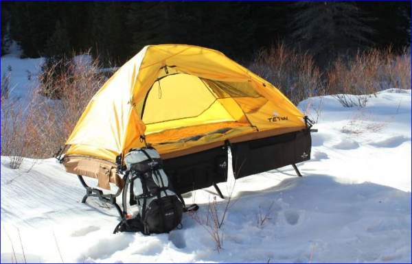 TETON Sports Outfitter XXL Quick tent cot in snow.