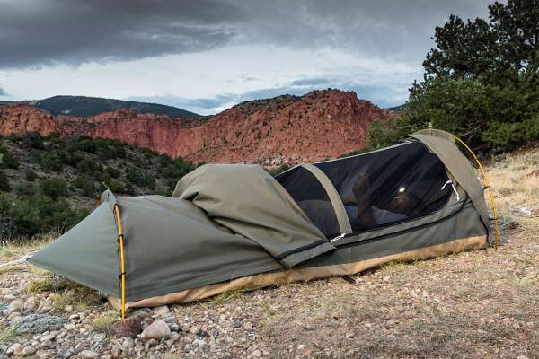 The Kodiak bivy tent used on the ground.