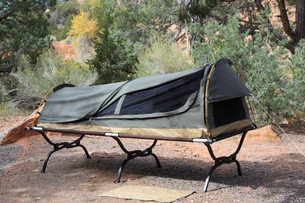 The Kodiak Swag bivy tent used on a cot.