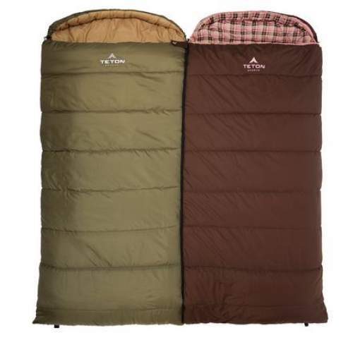 Two Teton Sports Celsius Regular sleeping bags zipped together - a great combination with double camping cots.