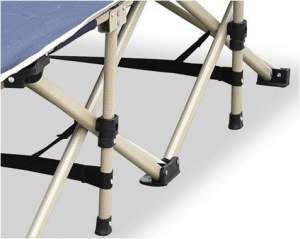 Numerous support bars and straps for stability. Legs are protected by plastic caps.