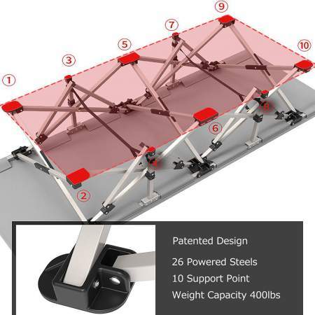 This is the bottom view which shows all the legs, support bars, and feet protected by caps.