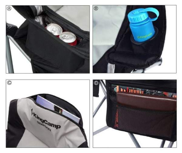 Bonuses with the KingCamp chair: the cooler, the cup holder, the zippered top pocket, and the storage pouch.