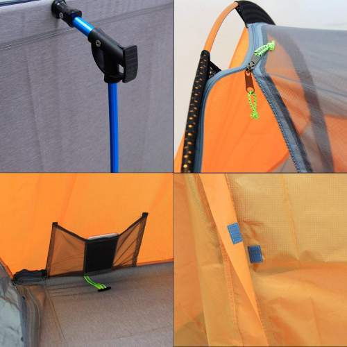 Some details - the shock-corded legs, aluminum tent pole, the storage pouch, and Velcro tabs. 