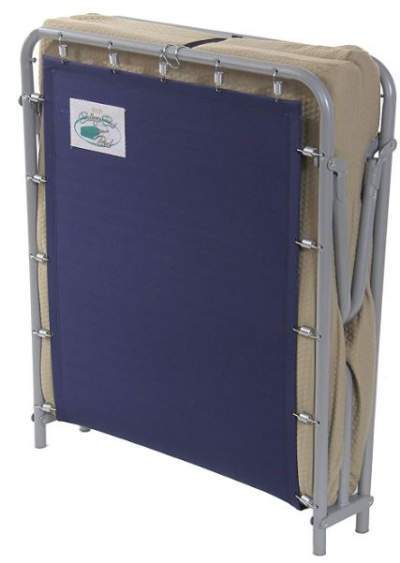 The mattress folds for transportation on the underside of the cot. 