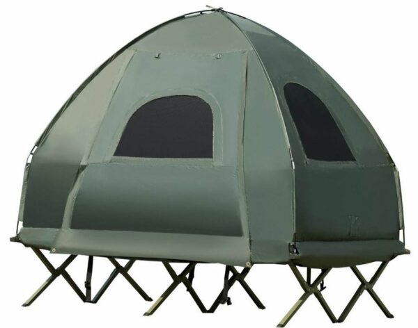 The tent-cot configuration with the tent attached to the cot.