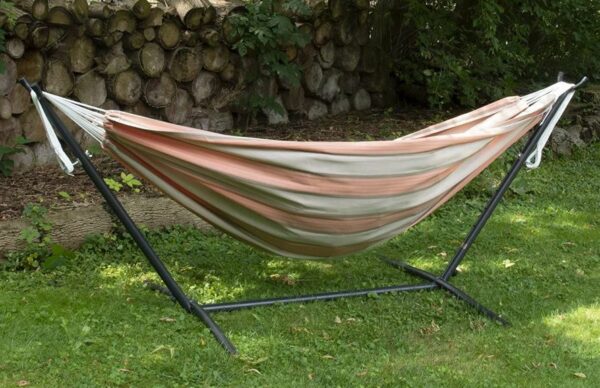 This is how the Vivere hammock with stand looks on the grass. 