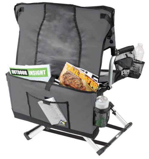 The carry bag doubles as a storage space on the back of the chair.