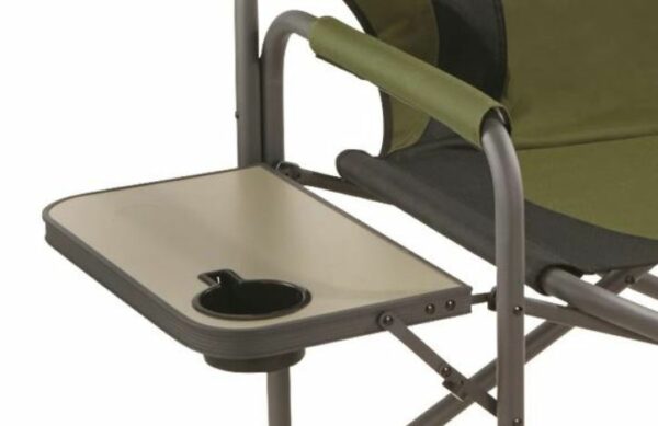 Side table with an integrated cup holder, and solid armrests.