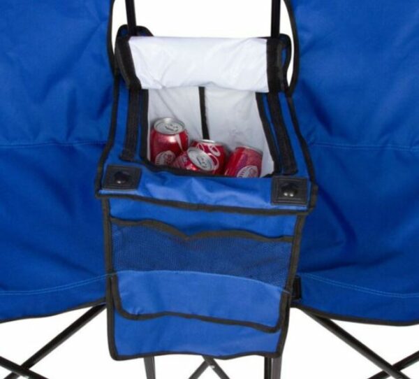 The cooler with storage pouches on the side.