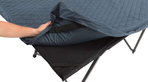 A folding bed and a padded cover with a foam.