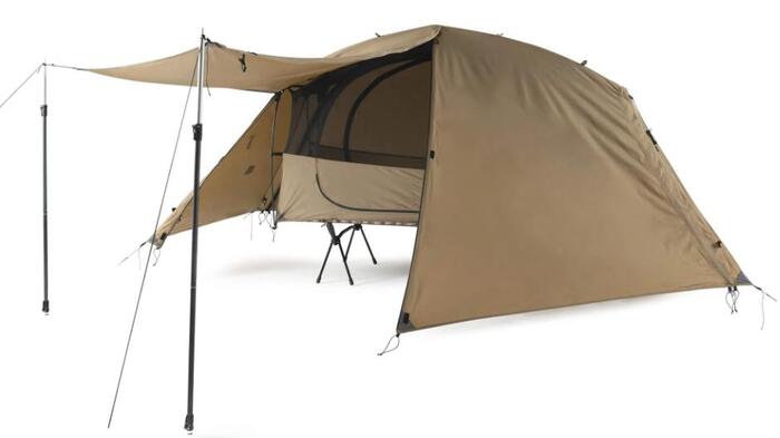Helinox Tactical Cot Tent with the fly on.