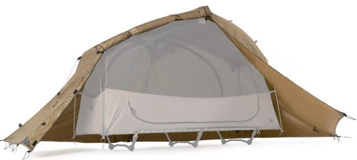 The tent cot used on a low cot with the fly.
