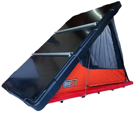 BadAss Rugged Clamshell roof top tent cross bars attached.